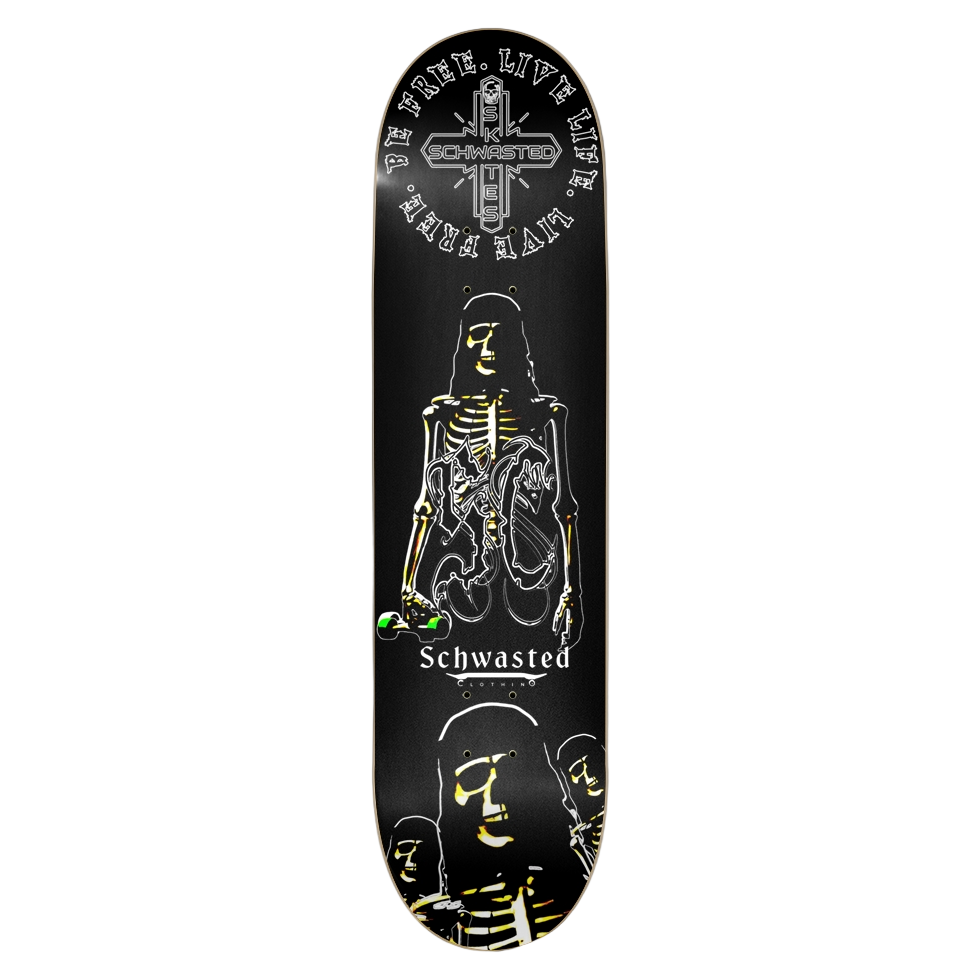 Skateboard deck with skeleton design and 'Schwasted' branding on a black background