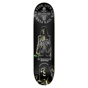 Skateboard deck with skeleton design and 'Schwasted' branding on a black background