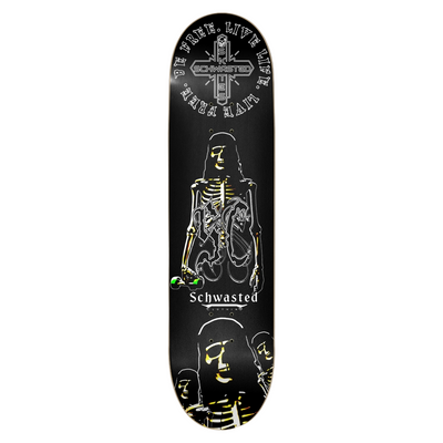 Skateboard deck with skeleton design and 'Schwasted' branding on a black background