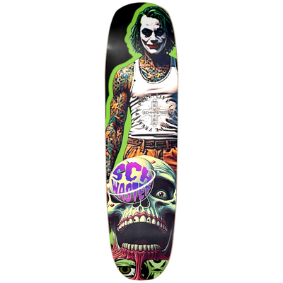 Skateboard deck with colorful design featuring a character and skull, on a white background